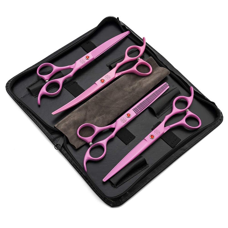Moontay Professional 7.0" Dog Grooming Scissors Set, 4-pieces Straight, Upward Curved, Downward Curved, Thinning/Blending Shears for Dog, Cat and Pets, JP Stainless Steel, Pink - Image 2